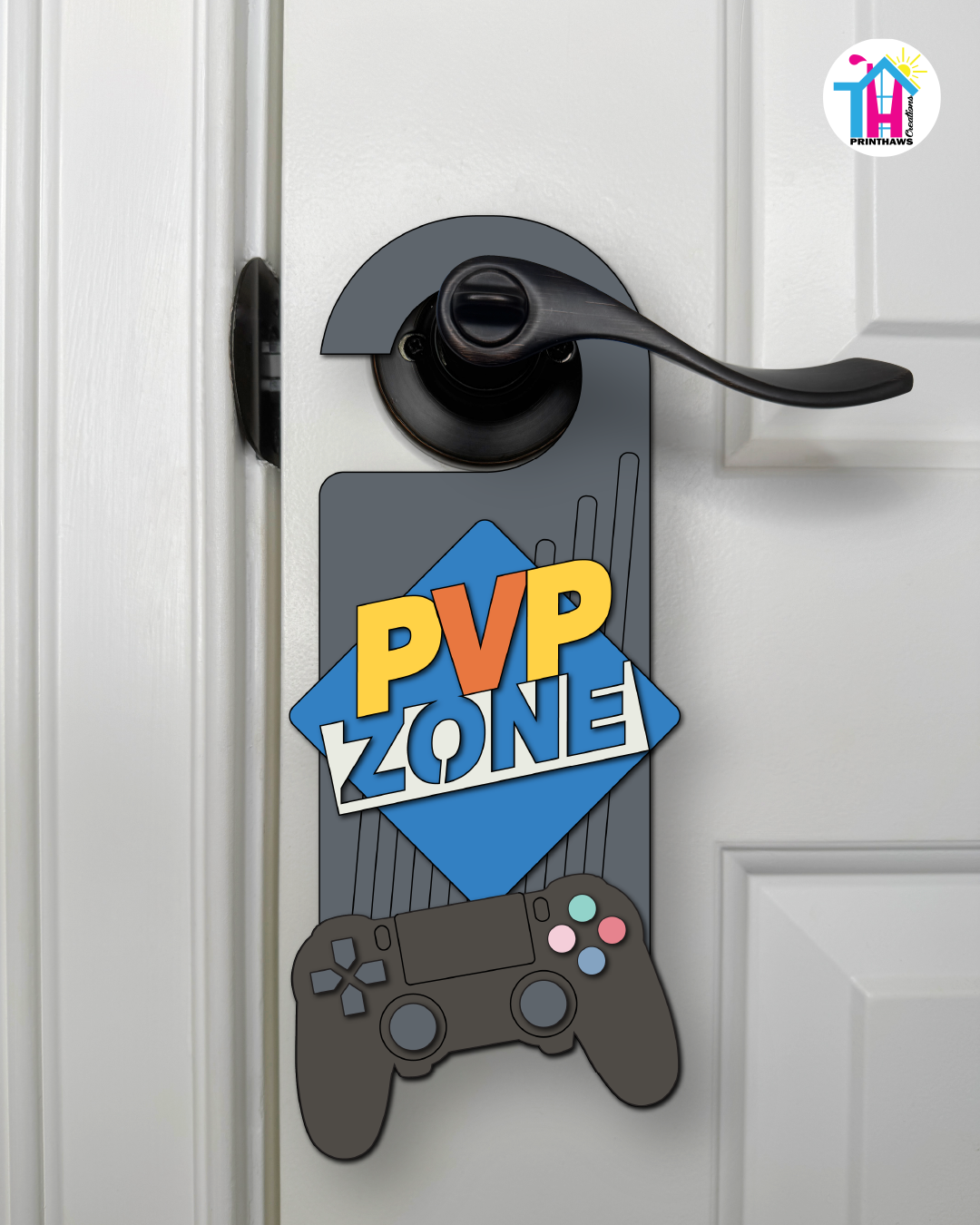 PVP Zone – Gamer Doorknob Sign By Printhaws Creations, Wooden Room Sign With Console-Inspired Controller Accent