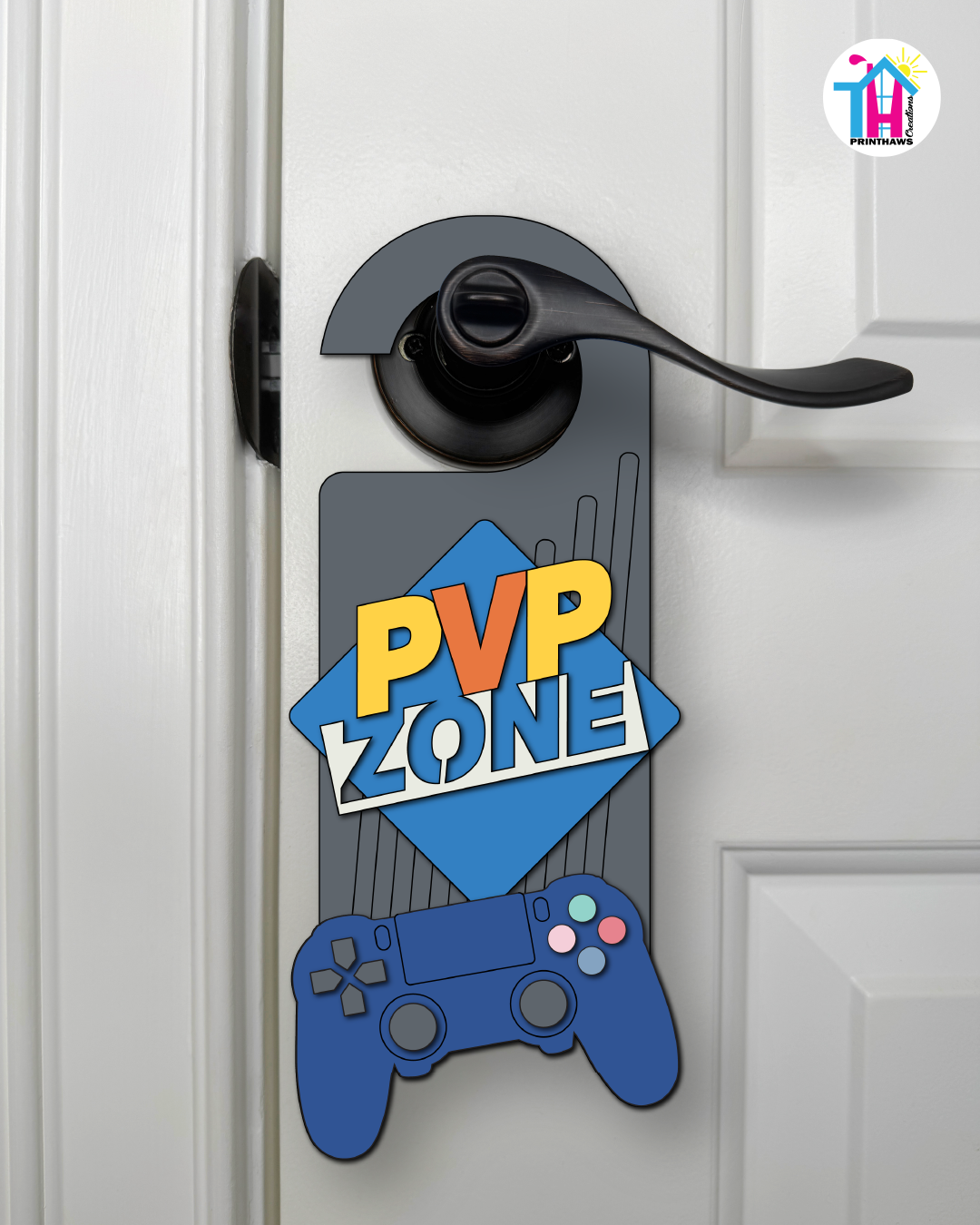 PVP Zone – Gamer Doorknob Sign By Printhaws Creations, Wooden Room Sign With Console-Inspired Controller Accent