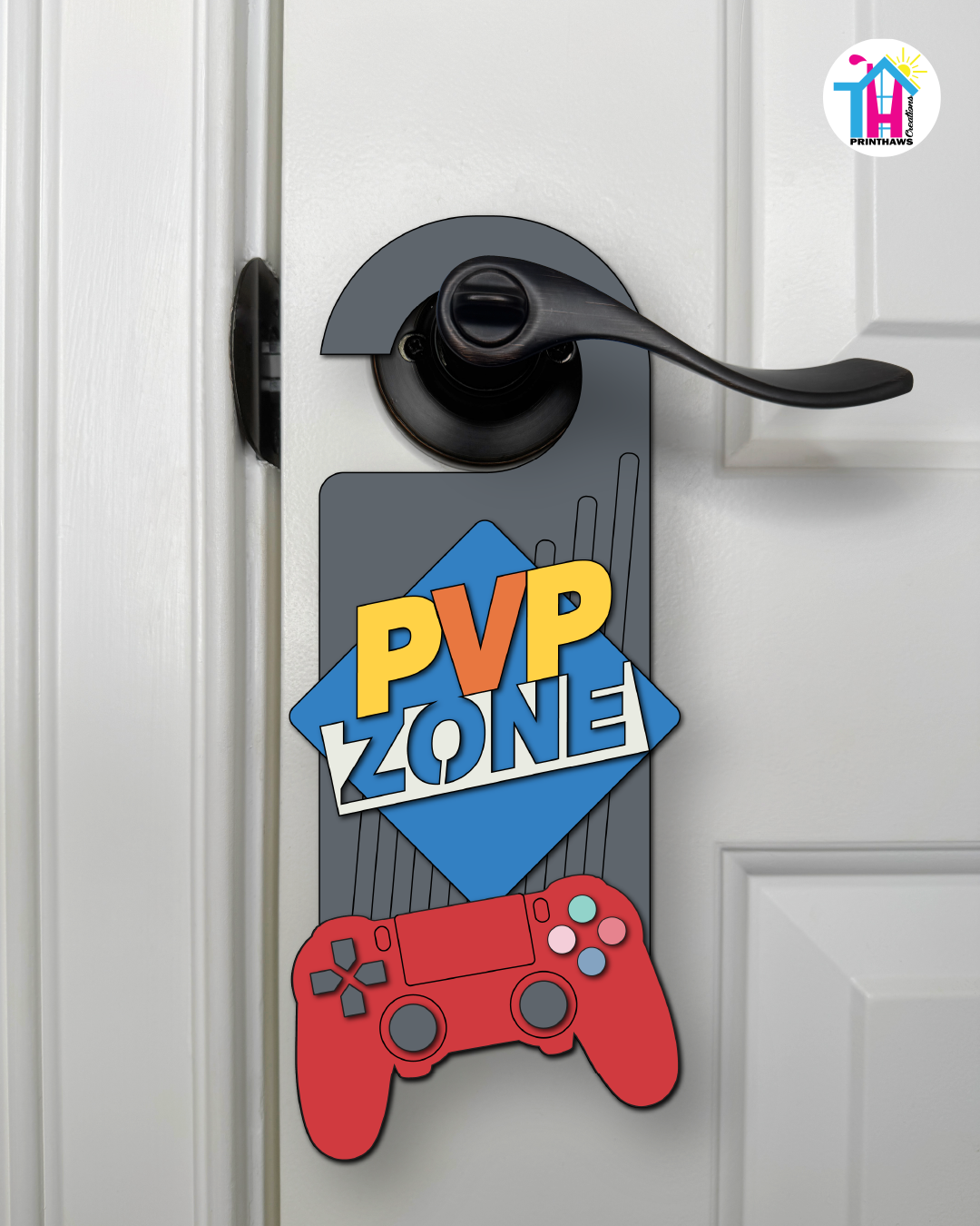 PVP Zone – Gamer Doorknob Sign By Printhaws Creations, Wooden Room Sign With Console-Inspired Controller Accent