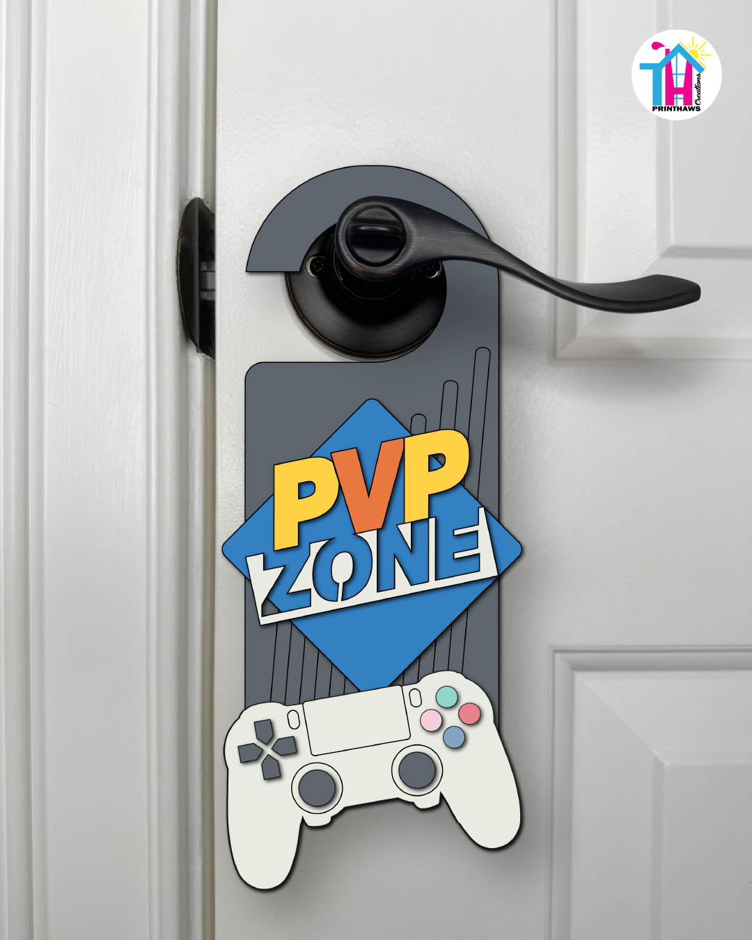 PVP Zone – Gamer Doorknob Sign By Printhaws Creations, Wooden Room Sign With Console-Inspired Controller Accent