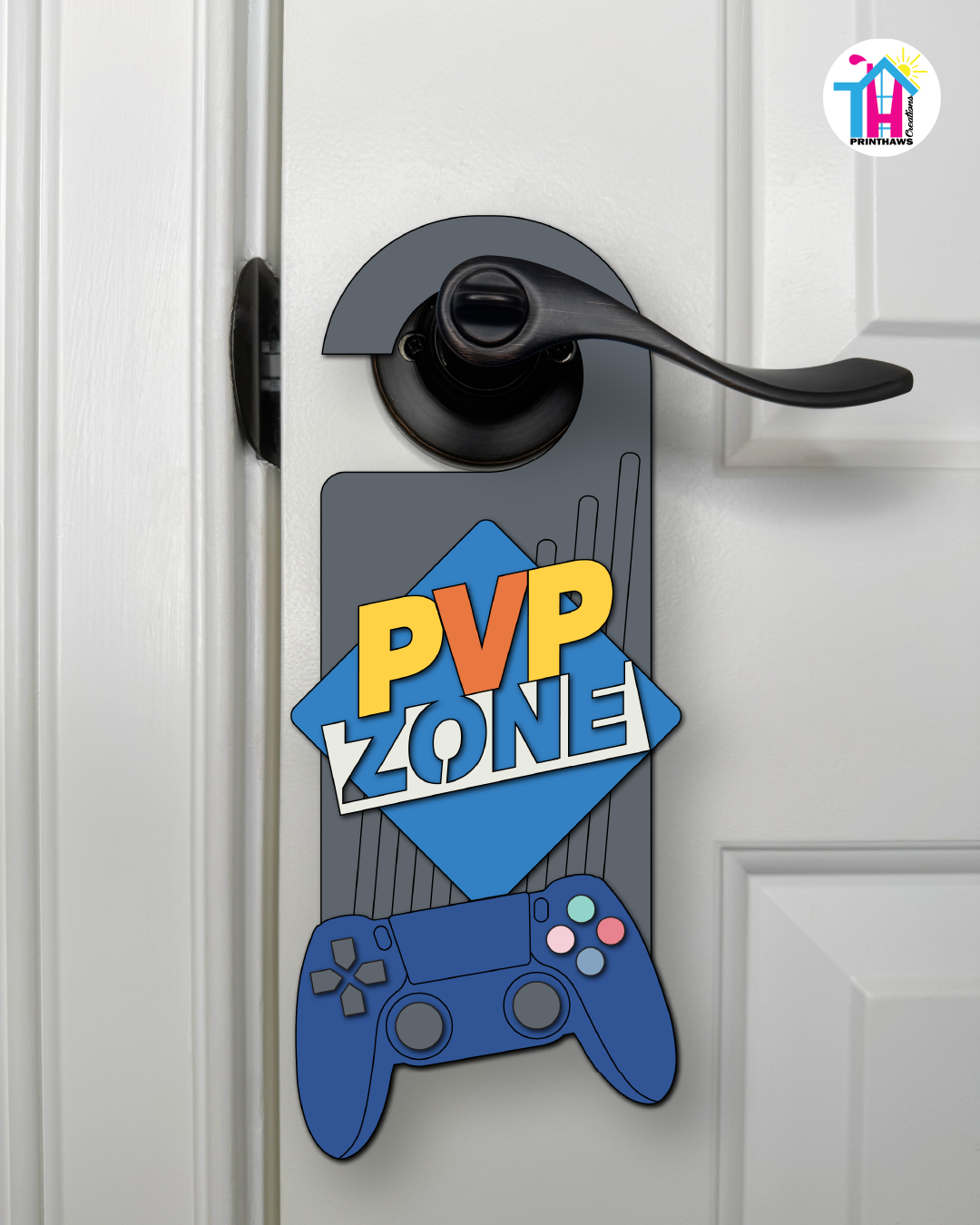 PVP Zone – Gamer Doorknob Sign By Printhaws Creations, Wooden Room Sign With Console-Inspired Controller Accent