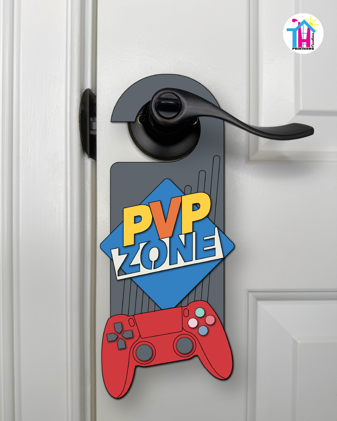 PVP Zone – Gamer Doorknob Sign By Printhaws Creations, Wooden Room Sign With Console-Inspired Controller Accent