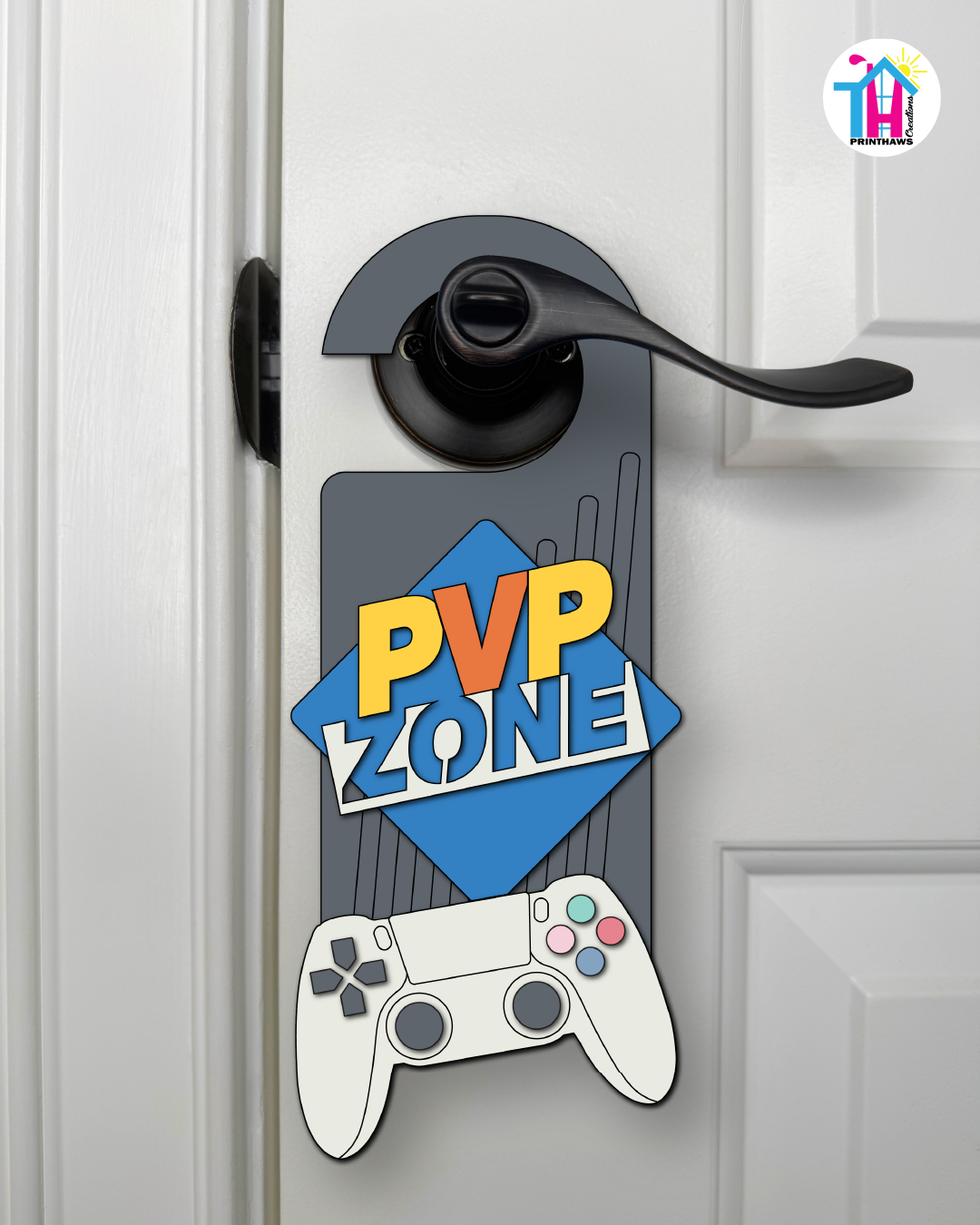 PVP Zone – Gamer Doorknob Sign By Printhaws Creations, Wooden Room Sign With Console-Inspired Controller Accent