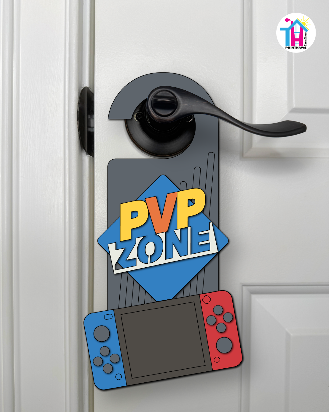 PVP Zone – Gamer Doorknob Sign By Printhaws Creations, Wooden Room Sign With Console-Inspired Controller Accent