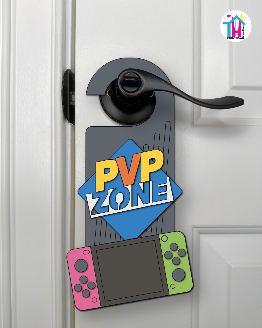 PVP Zone – Gamer Doorknob Sign By Printhaws Creations, Wooden Room Sign With Console-Inspired Controller Accent