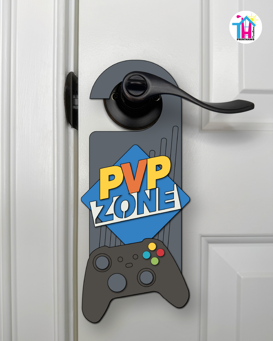 PVP Zone – Gamer Doorknob Sign By Printhaws Creations, Wooden Room Sign With Console-Inspired Controller Accent