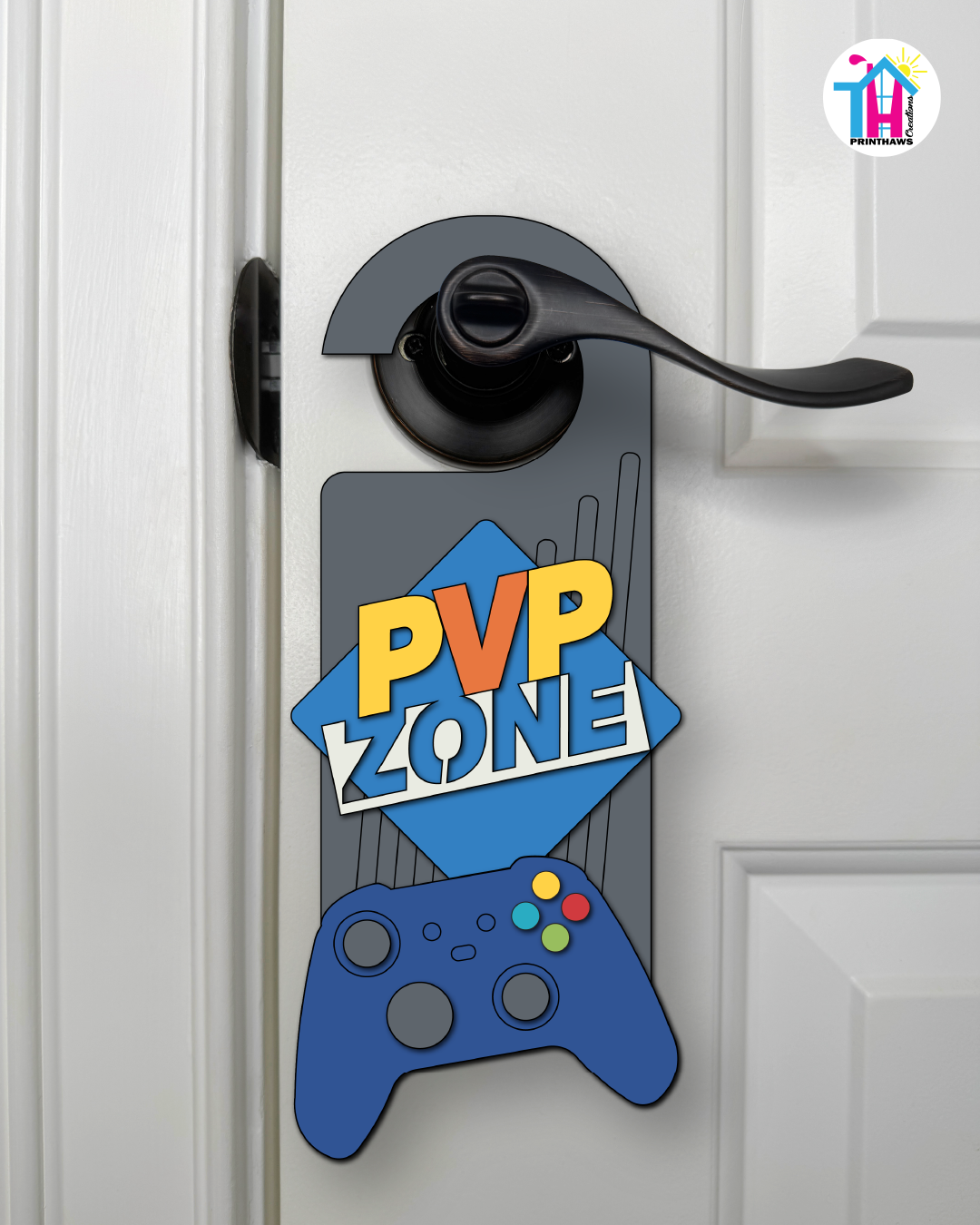 PVP Zone – Gamer Doorknob Sign By Printhaws Creations, Wooden Room Sign With Console-Inspired Controller Accent