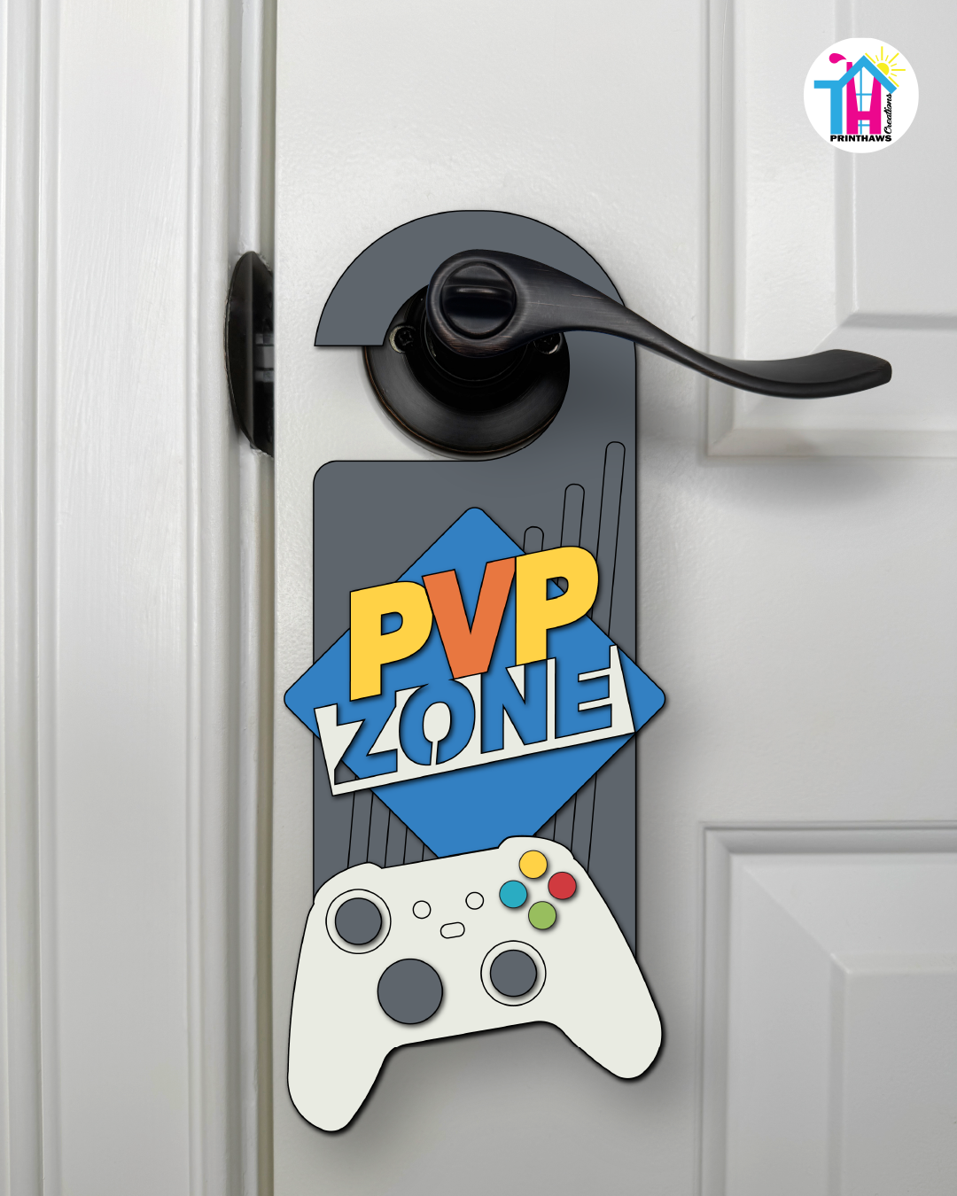 PVP Zone – Gamer Doorknob Sign By Printhaws Creations, Wooden Room Sign With Console-Inspired Controller Accent