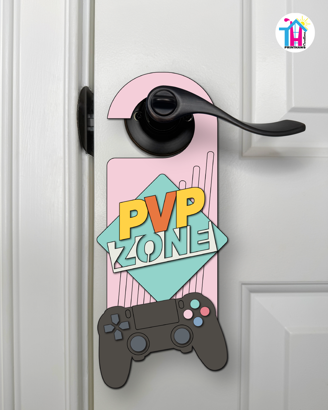 PVP Zone – Gamer Doorknob Sign By Printhaws Creations, Wooden Room Sign With Console-Inspired Controller Accent