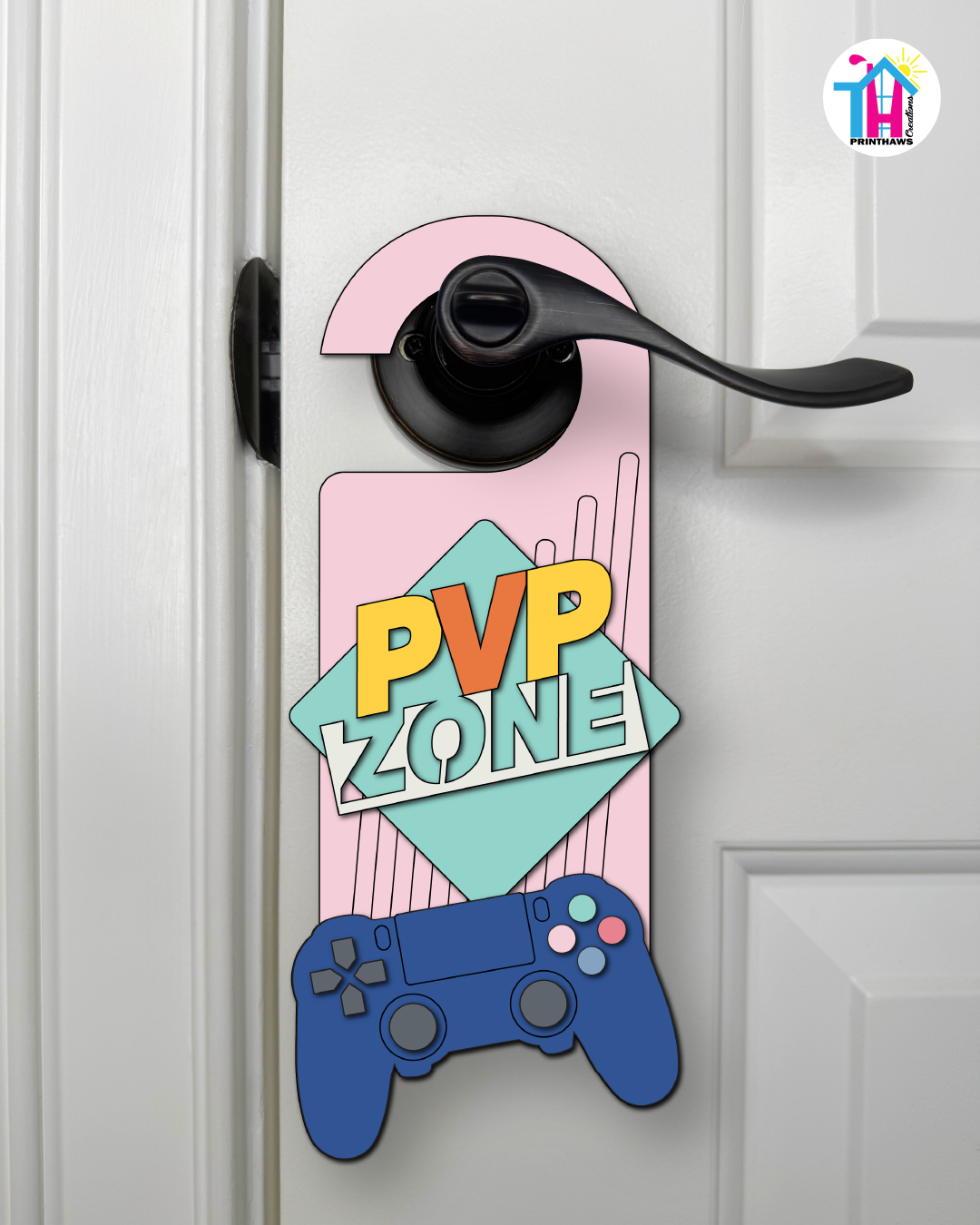PVP Zone – Gamer Doorknob Sign By Printhaws Creations, Wooden Room Sign With Console-Inspired Controller Accent