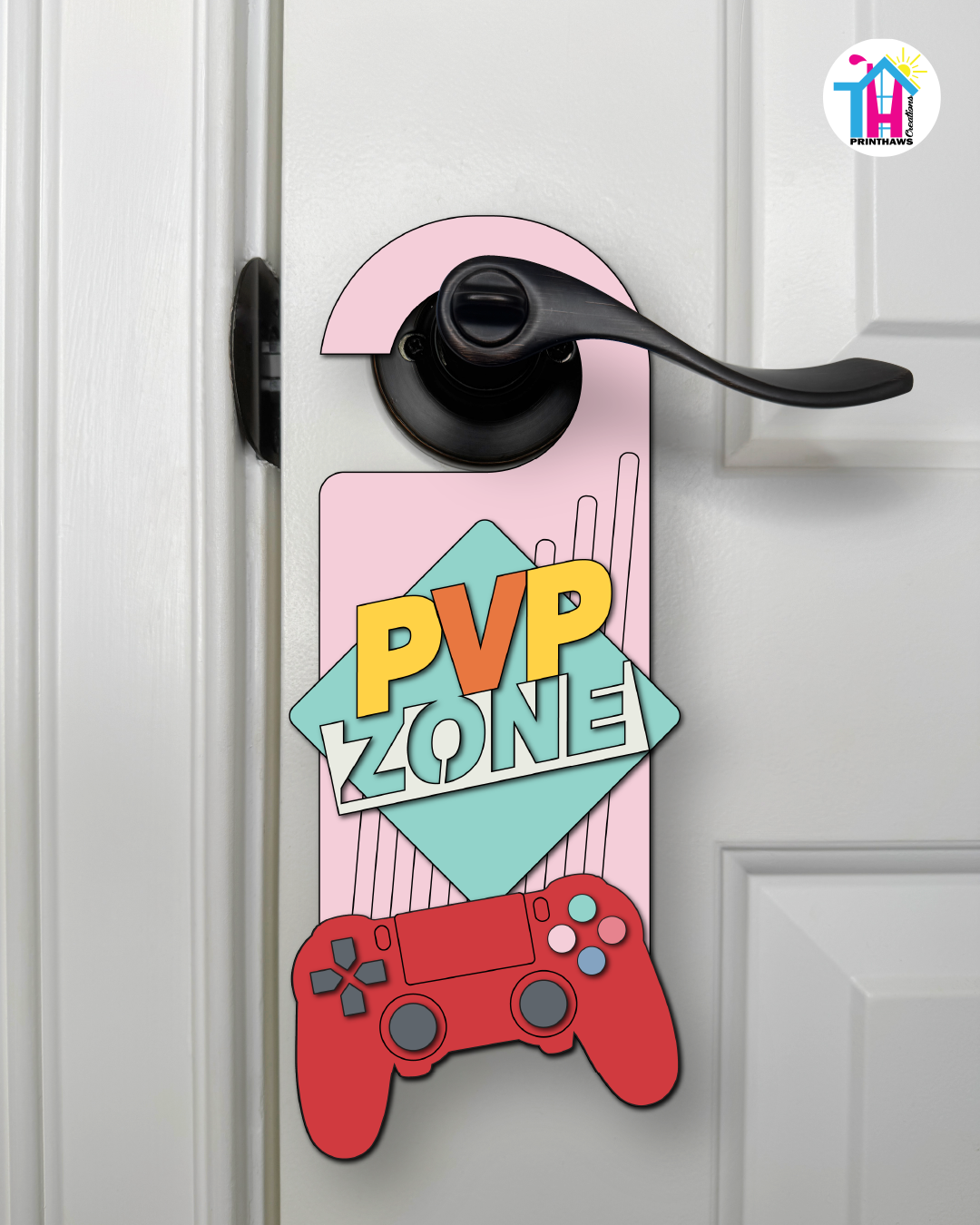 PVP Zone – Gamer Doorknob Sign By Printhaws Creations, Wooden Room Sign With Console-Inspired Controller Accent