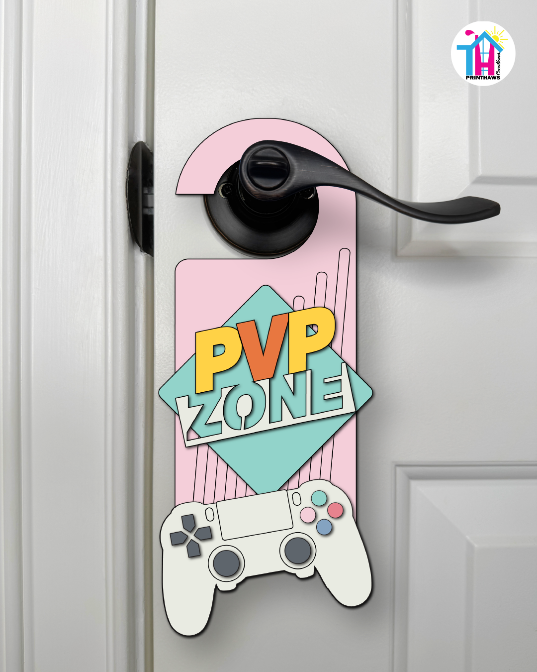 PVP Zone – Gamer Doorknob Sign By Printhaws Creations, Wooden Room Sign With Console-Inspired Controller Accent
