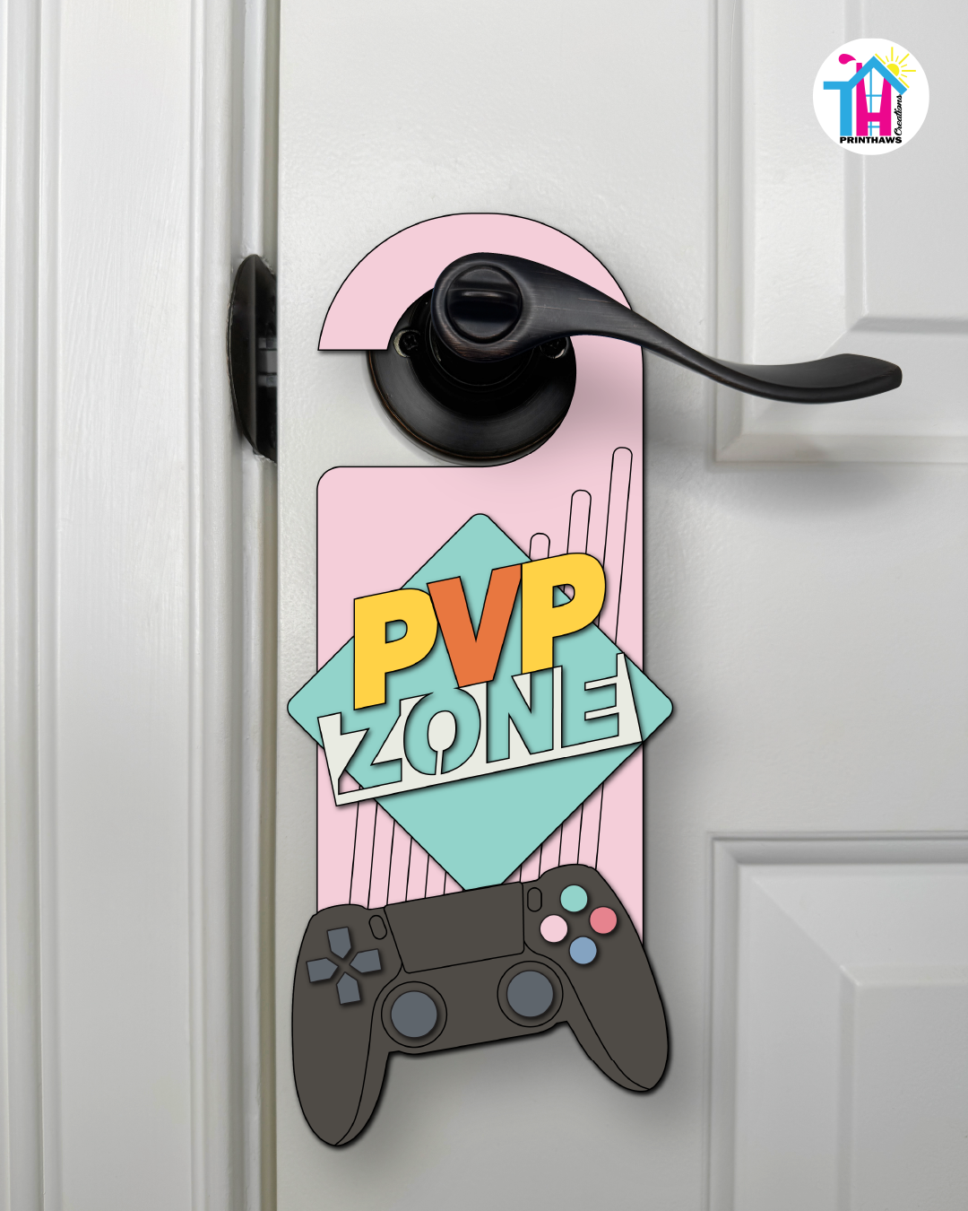 PVP Zone – Gamer Doorknob Sign By Printhaws Creations, Wooden Room Sign With Console-Inspired Controller Accent