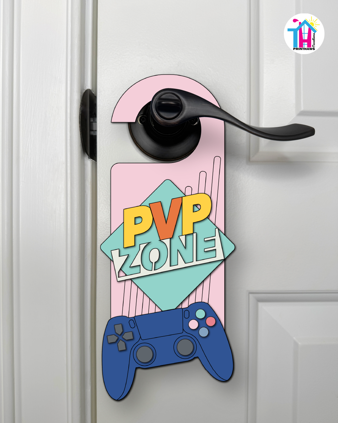 PVP Zone – Gamer Doorknob Sign By Printhaws Creations, Wooden Room Sign With Console-Inspired Controller Accent