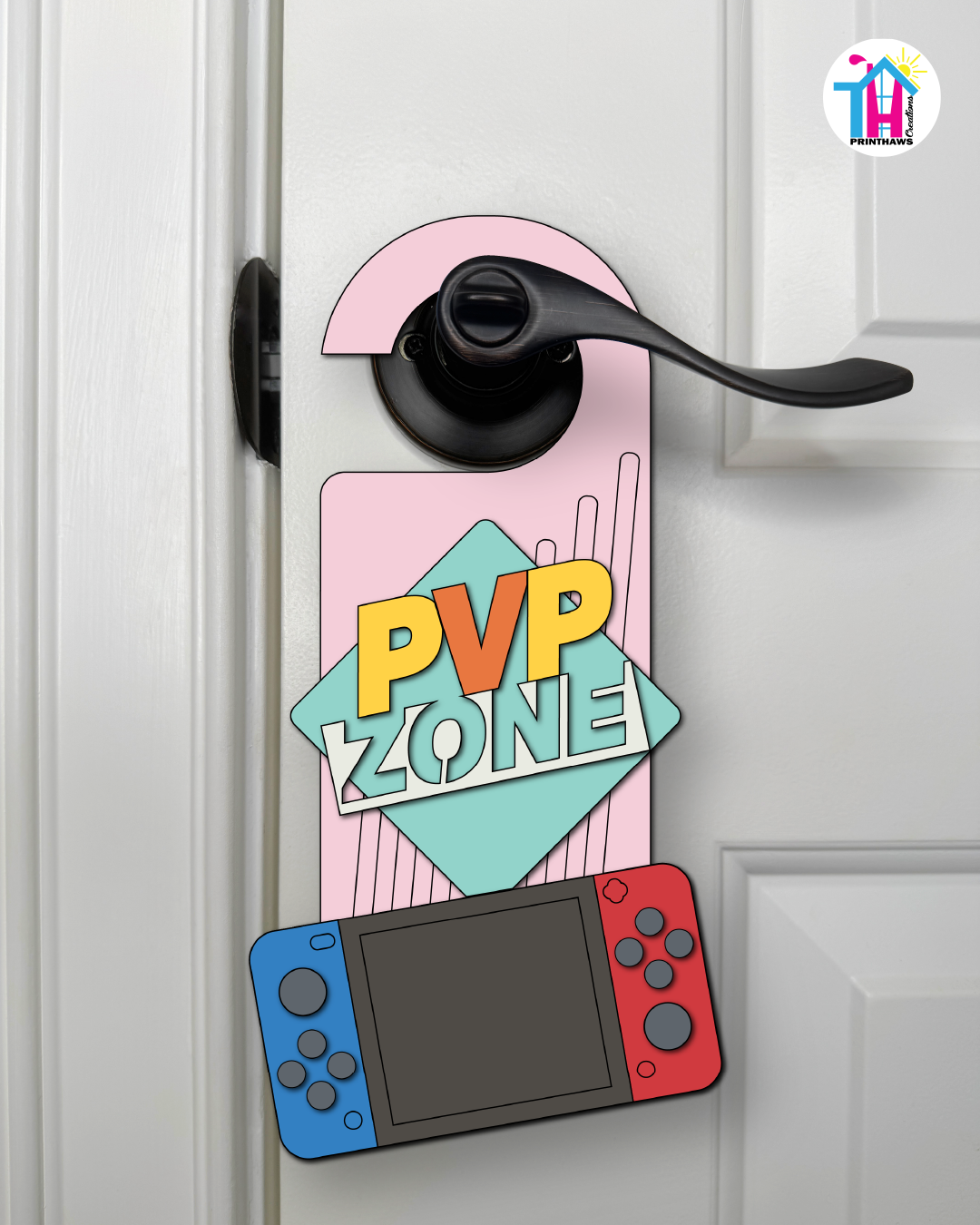 PVP Zone – Gamer Doorknob Sign By Printhaws Creations, Wooden Room Sign With Console-Inspired Controller Accent