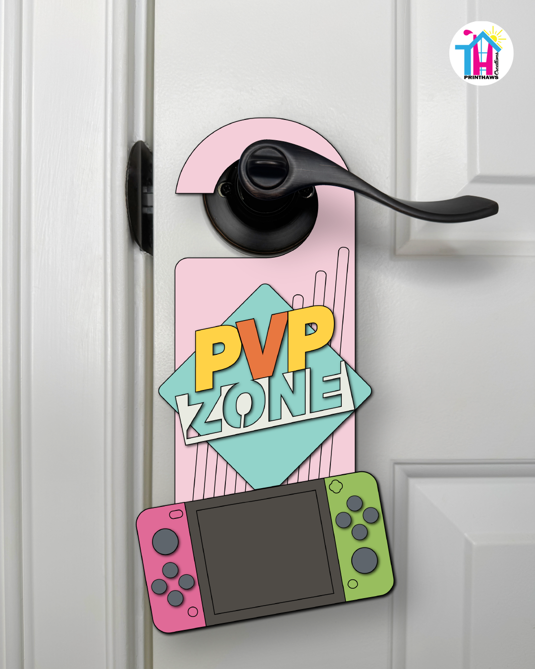 PVP Zone – Gamer Doorknob Sign By Printhaws Creations, Wooden Room Sign With Console-Inspired Controller Accent