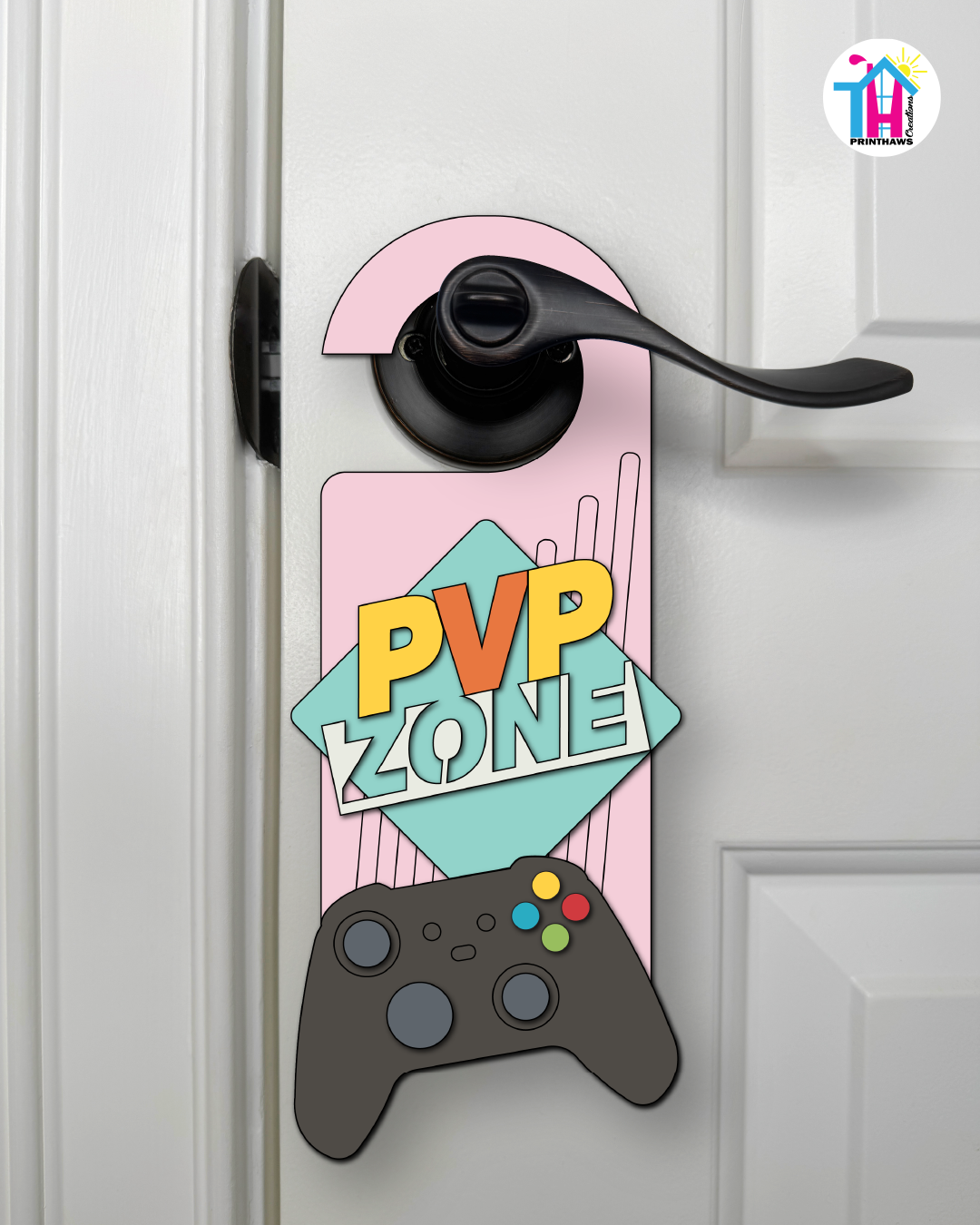 PVP Zone – Gamer Doorknob Sign By Printhaws Creations, Wooden Room Sign With Console-Inspired Controller Accent