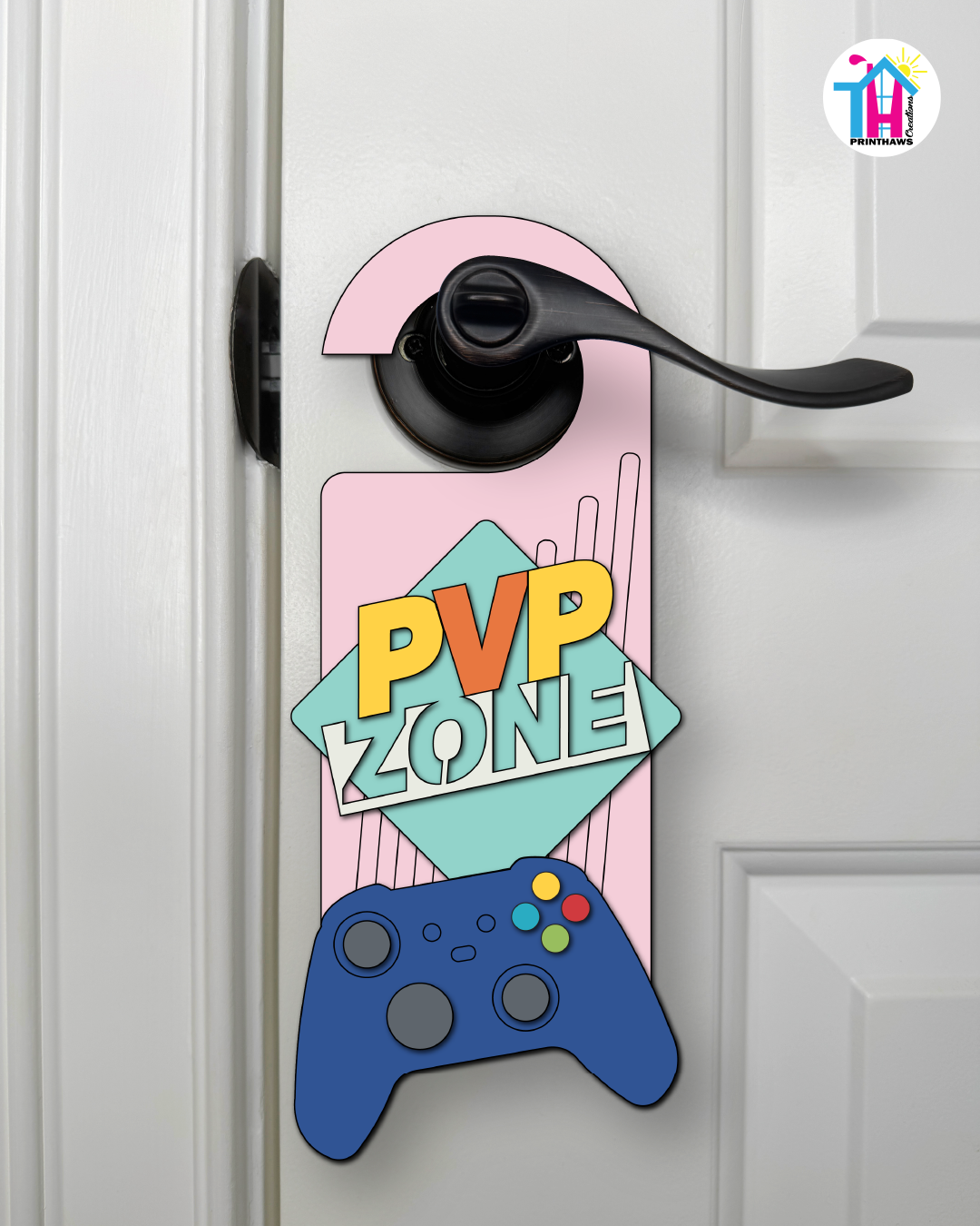 PVP Zone – Gamer Doorknob Sign By Printhaws Creations, Wooden Room Sign With Console-Inspired Controller Accent