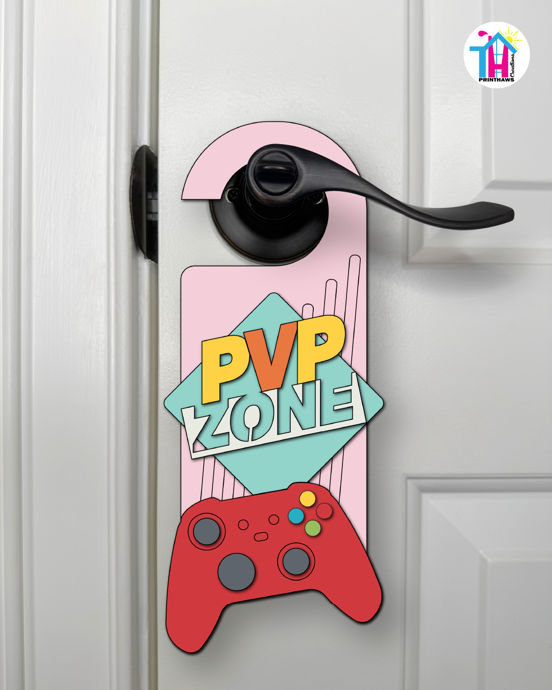 PVP Zone – Gamer Doorknob Sign By Printhaws Creations, Wooden Room Sign With Console-Inspired Controller Accent