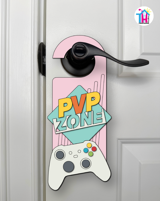 PVP Zone – Gamer Doorknob Sign By Printhaws Creations, Wooden Room Sign With Console-Inspired Controller Accent