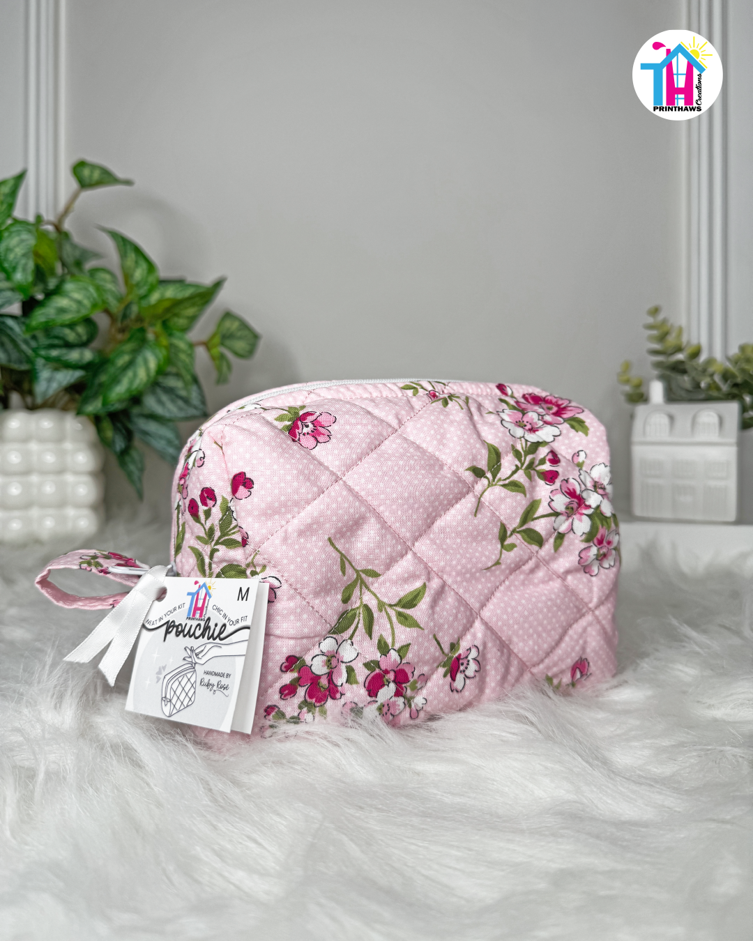Blush Blossom Pouchie - Handmade By Ruby Rose, Printhaws Creations - Floral, Cotton, Medium (Carry-All Pouch Bag) – Angled Front