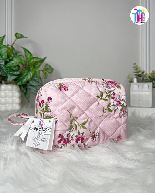 Blush Blossom Pouchie - Handmade By Ruby Rose, Printhaws Creations - Floral, Cotton, Medium (Carry-All Pouch Bag) – Angled Front