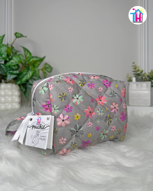 Gray Meadow Pouchie - Handmade By Ruby Rose, Printhaws Creations - Floral, Cotton, Medium (Carry-All Pouch Bag) – Angled Front