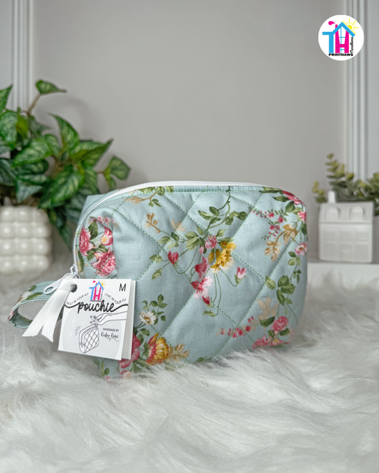Mint Bloom Pouchie - Handmade By Ruby Rose, Printhaws Creations - Floral, Cotton, Medium (Carry-All Pouch Bag) – Angled Front