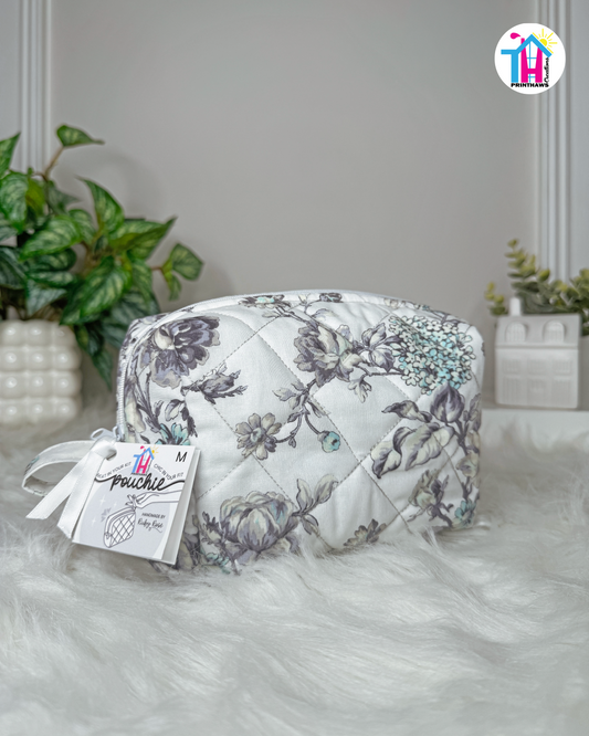 Violet Petals Pouchie - Handmade By Ruby Rose, Printhaws Creations - Floral, Cotton, Medium (Carry-All Pouch Bag) – Angled Front
