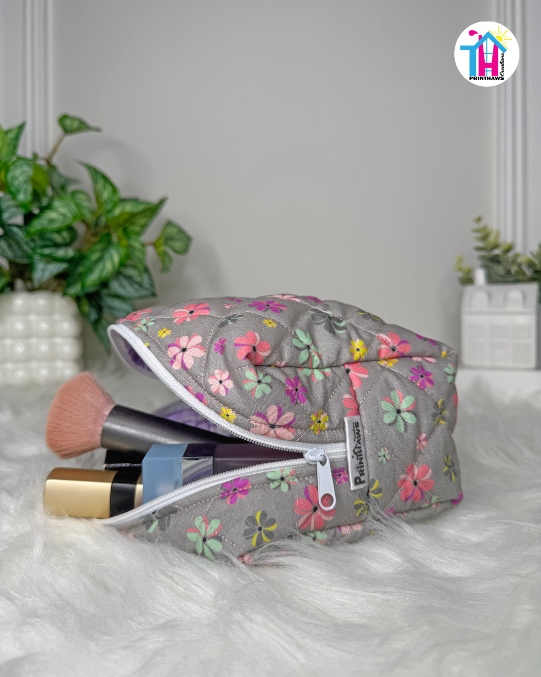 Gray Meadow Pouchie - Handmade By Ruby Rose, Printhaws Creations - Floral, Cotton, Medium (Carry-All Pouch Bag) – Laid Flat Filled