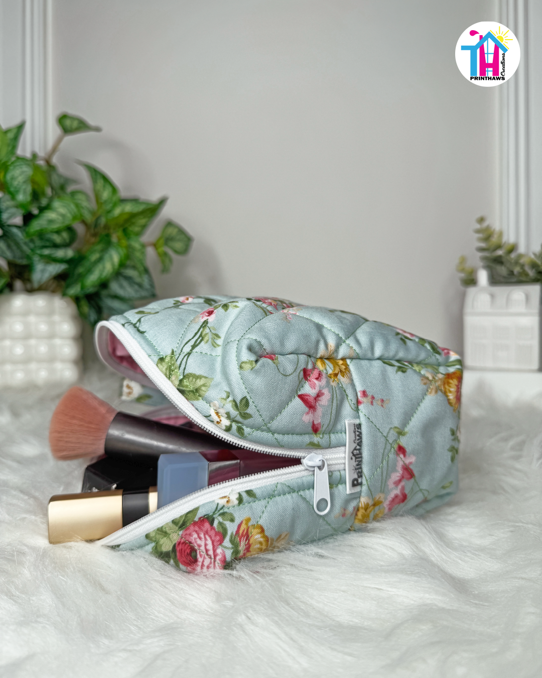 Mint Bloom Pouchie - Handmade By Ruby Rose, Printhaws Creations - Floral, Cotton, Medium (Carry-All Pouch Bag) – Laid Flat Filled