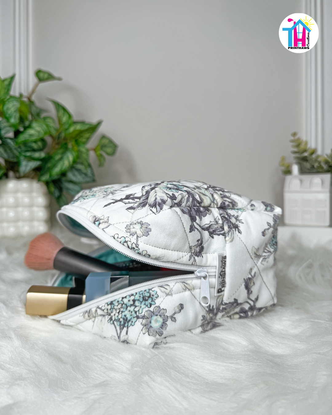 Violet Petals Pouchie - Handmade By Ruby Rose, Printhaws Creations - Floral, Cotton, Medium (Carry-All Pouch Bag) – Laid Flat Filled