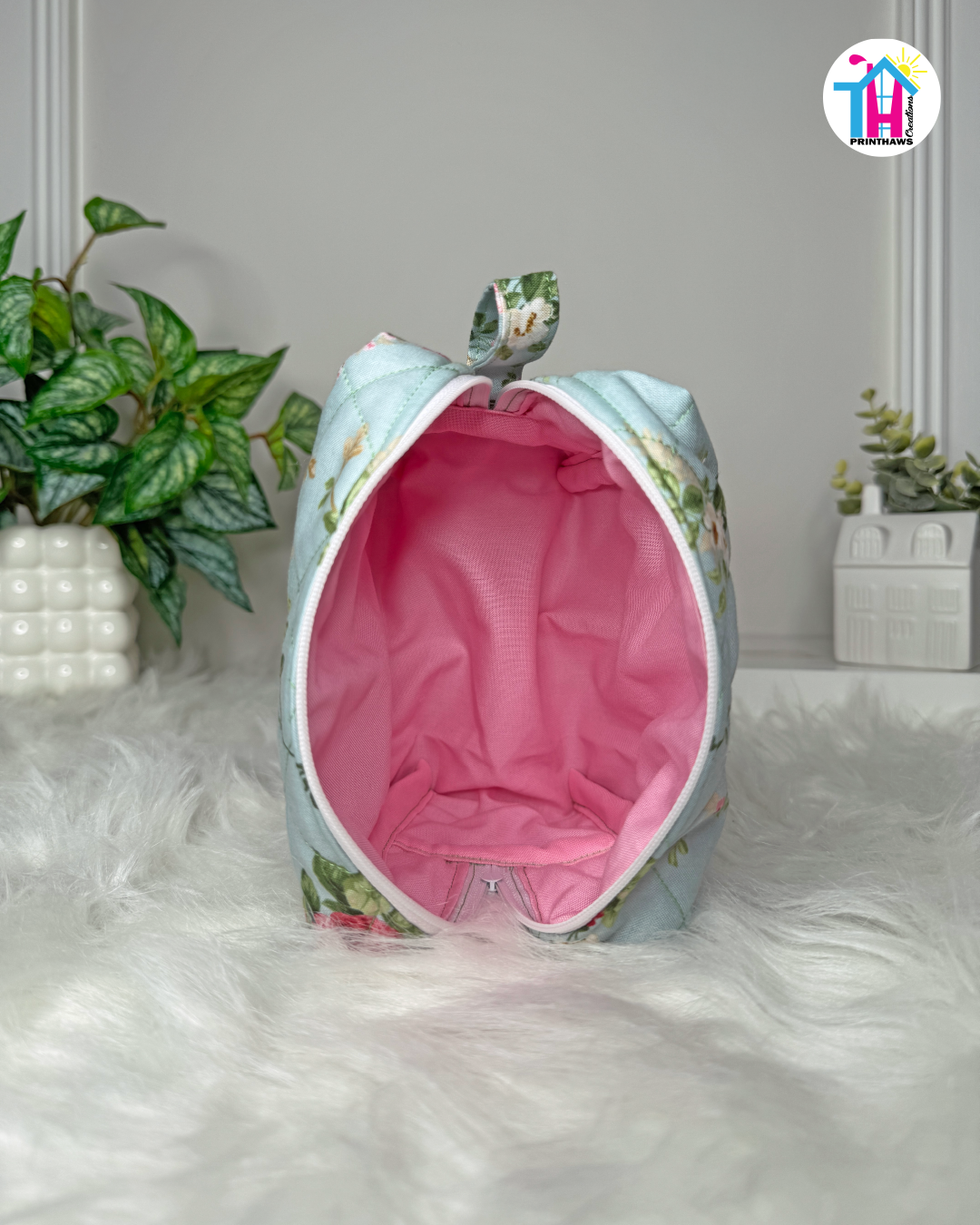 Mint Bloom Pouchie - Handmade By Ruby Rose, Printhaws Creations - Floral, Cotton, Medium (Carry-All Pouch Bag) – Upright Side Empty