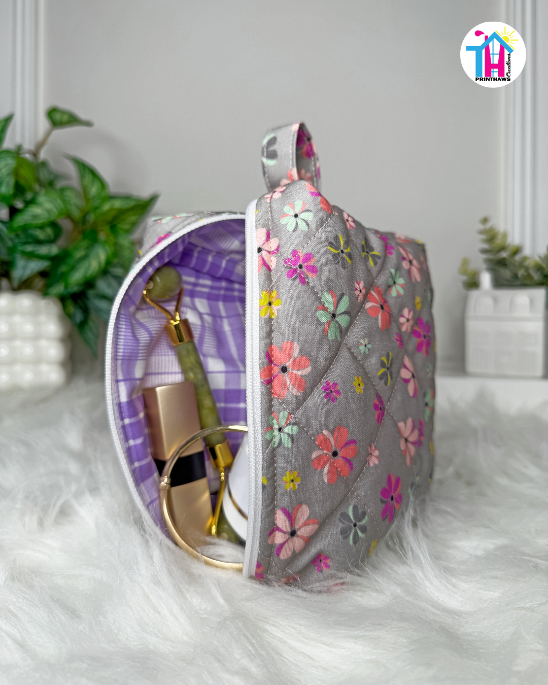 Gray Meadow Pouchie - Handmade By Ruby Rose, Printhaws Creations - Floral, Cotton, Medium (Carry-All Pouch Bag) – Upright Side Filled