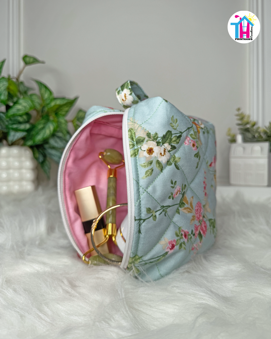 Mint Bloom Pouchie - Handmade By Ruby Rose, Printhaws Creations - Floral, Cotton, Medium (Carry-All Pouch Bag) – Upright Side Filled