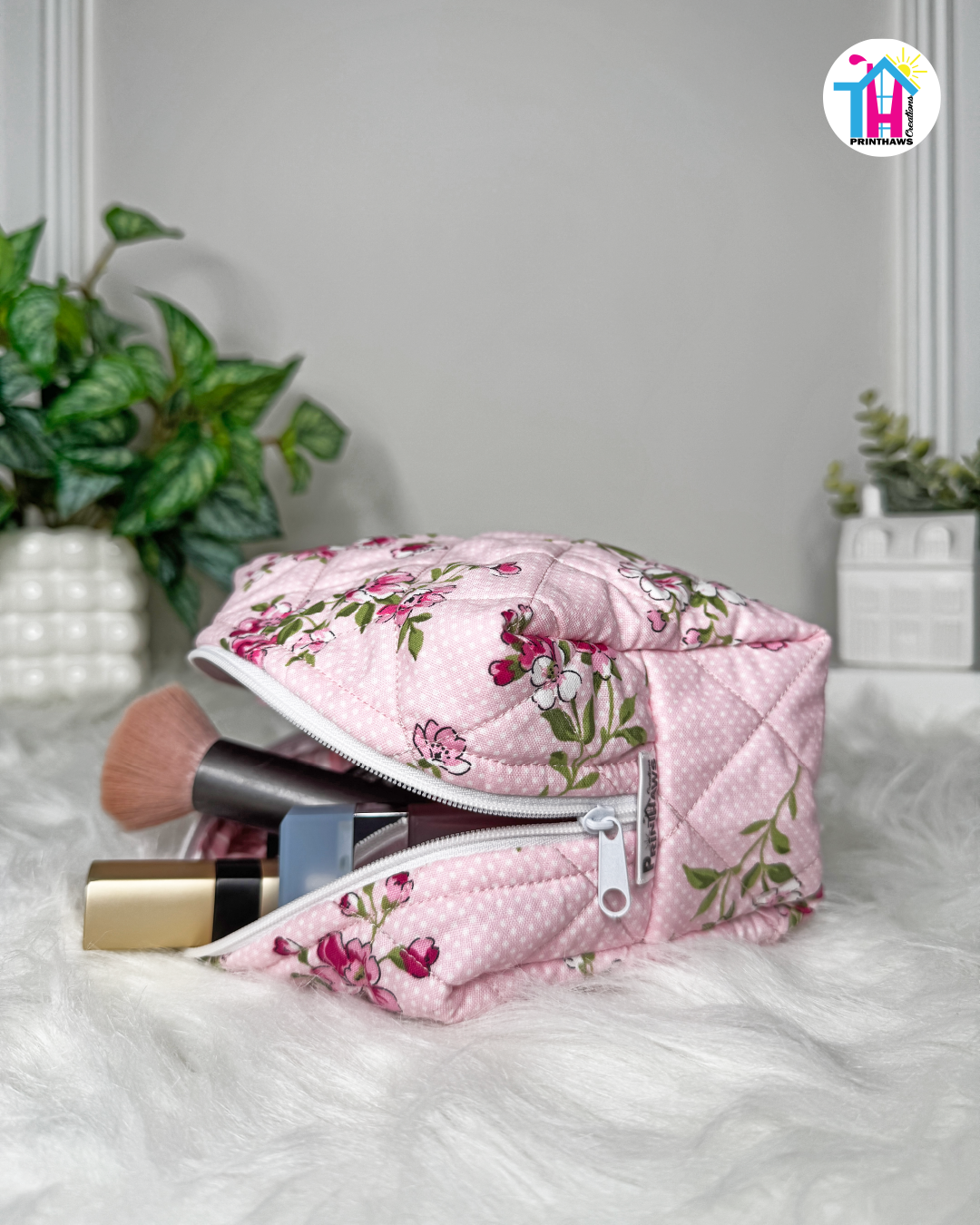 Blush Blossom Pouchie - Handmade By Ruby Rose, Printhaws Creations - Floral, Cotton, Medium (Carry-All Pouch Bag) – Laid Flat Filled
