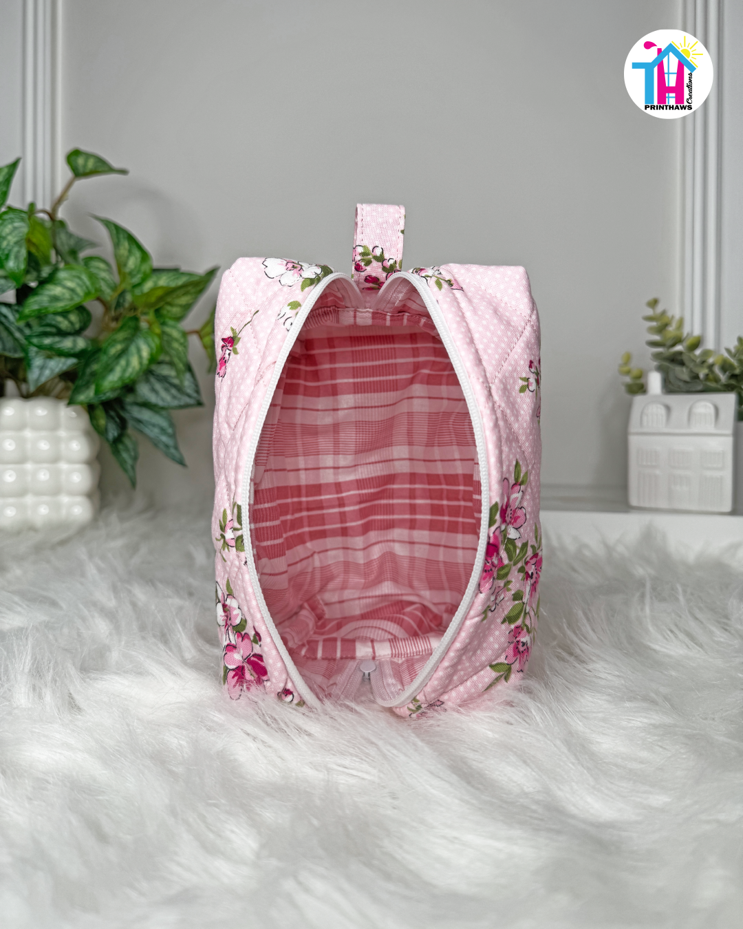 Blush Blossom Pouchie - Handmade By Ruby Rose, Printhaws Creations - Floral, Cotton, Medium (Carry-All Pouch Bag) – Upright Side Empty