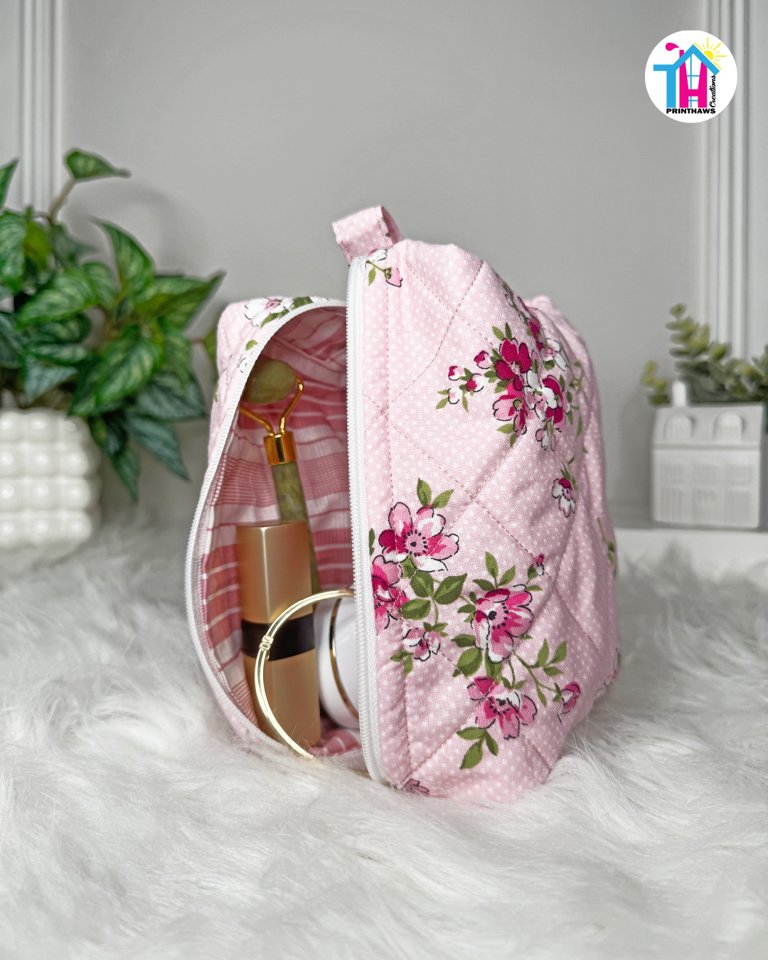 Blush Blossom Pouchie - Handmade By Ruby Rose, Printhaws Creations - Floral, Cotton, Medium (Carry-All Pouch Bag) – Upright Side Filled