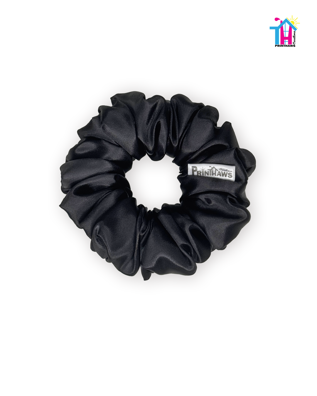 Eclipse Scrunchie - Handmade By Ruby Rose, Printhaws Creations, Black, Satin, Medium (4x4 inches) - Laid Flat