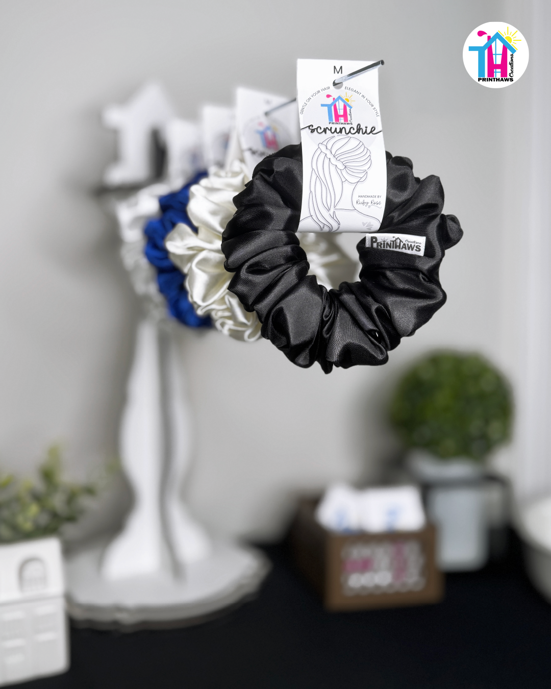 Eclipse Scrunchie - Handmade By Ruby Rose, Printhaws Creations, Black, Satin, Medium (4x4 inches) - Tagged Display Angle