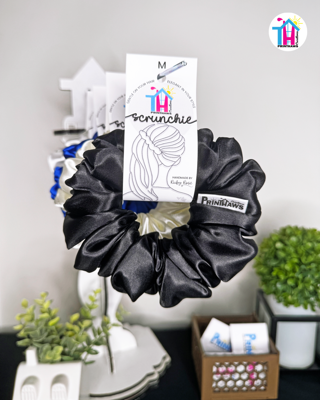Eclipse Scrunchie - Handmade By Ruby Rose, Printhaws Creations, Black, Satin, Medium (4x4 inches) - Tagged Display Front