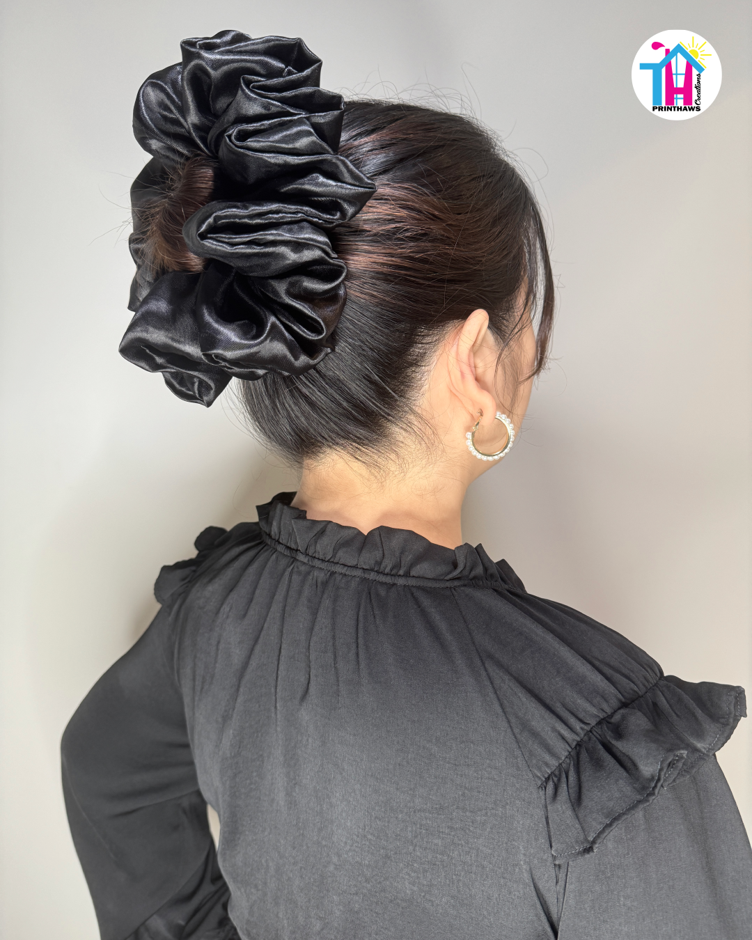 Eclipse Scrunchie - Handmade By Ruby Rose, Printhaws Creations, Black, Satin, XXL (6x6 inches) - Hair Bun Style