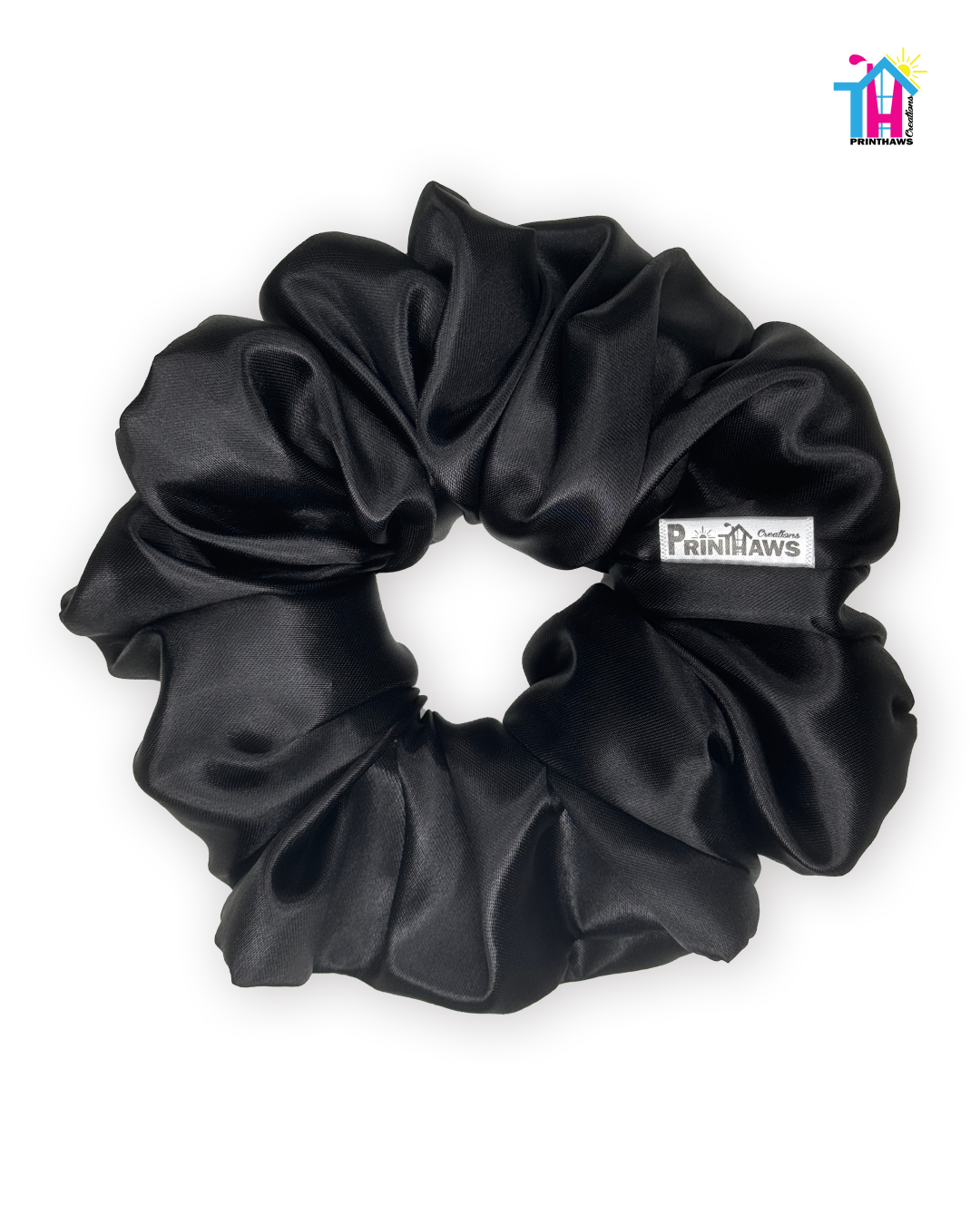 Eclipse Scrunchie - Handmade By Ruby Rose, Printhaws Creations, Black, Satin, XXL (6x6 inches) - Laid Flat