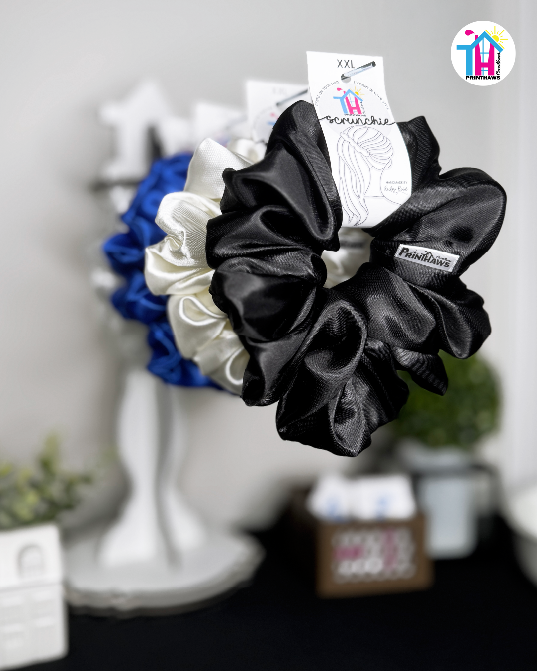 Eclipse Scrunchie - Handmade By Ruby Rose, Printhaws Creations, Black, Satin, XXL (6x6 inches) - Tagged Display Angle