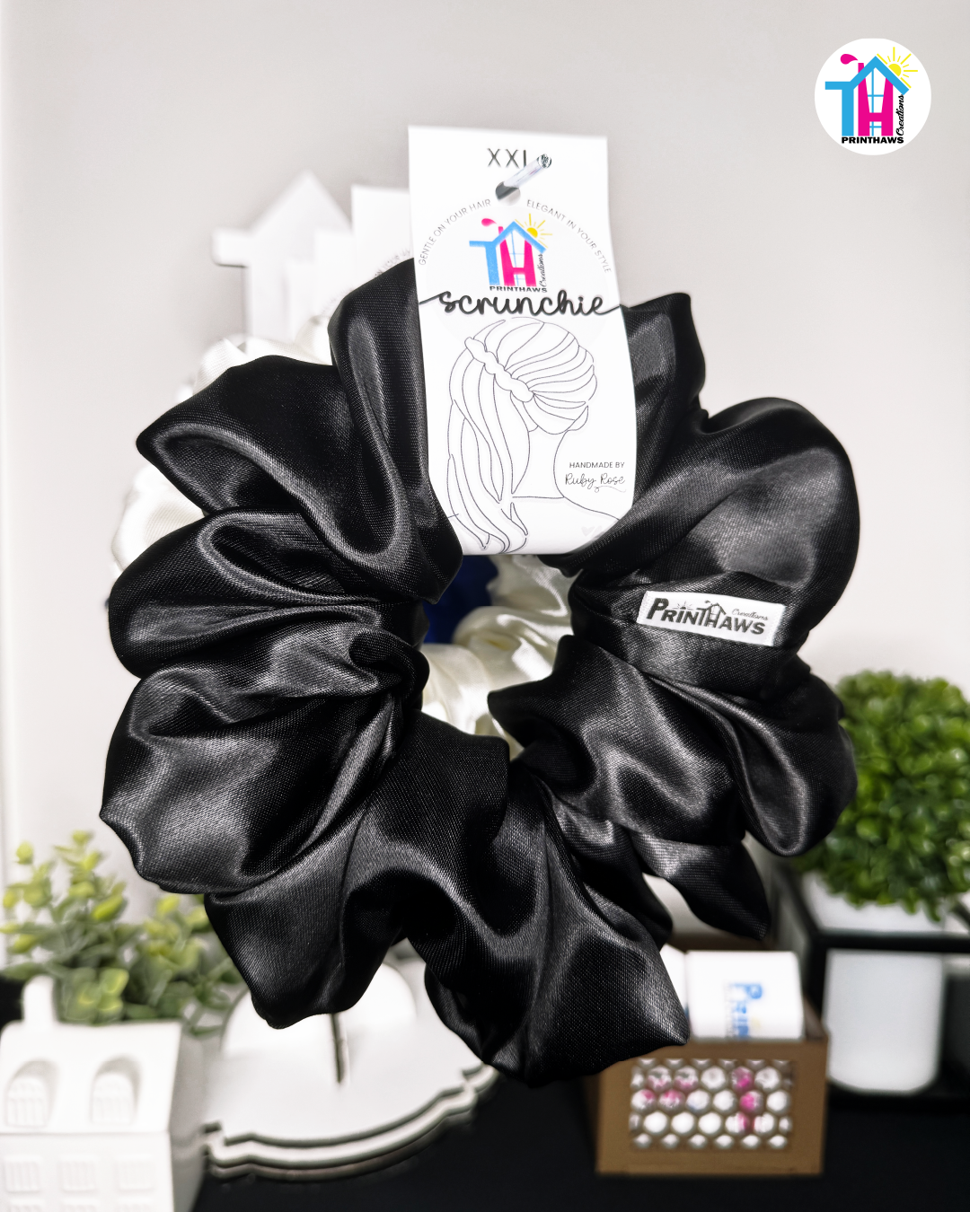 Eclipse Scrunchie - Handmade By Ruby Rose, Printhaws Creations, Black, Satin, XXL (6x6 inches) - Tagged Display Front