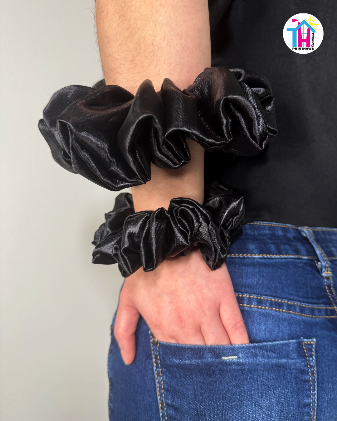 Eclipse Scrunchie - Handmade By Ruby Rose, Printhaws Creations, Black, Satin, XXL (6x6 inches) And Medium (4x4 inches) - Wrist Style