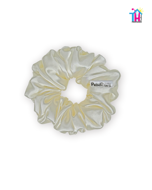 Luna Scrunchie - Handmade By Ruby Rose, Printhaws Creations, Ivory, Satin, Medium (4x4 inches) - Laid Flat