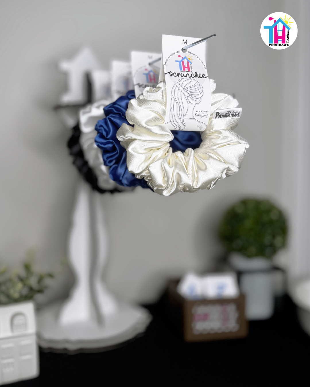 Luna Scrunchie - Handmade By Ruby Rose, Printhaws Creations, Ivory, Satin, Medium (4x4 inches) - Tagged Display Angle