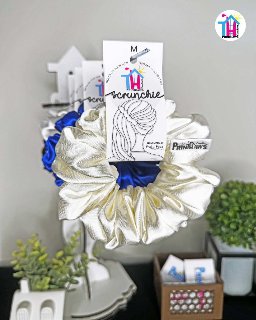 Luna Scrunchie - Handmade By Ruby Rose, Printhaws Creations, Ivory, Satin, Medium (4x4 inches) - Tagged Display Front