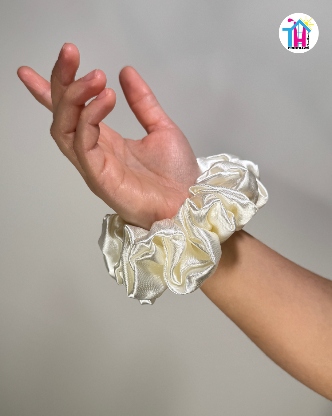Luna Scrunchie - Handmade By Ruby Rose, Printhaws Creations, Ivory, Satin, Medium (4x4 inches) - Wrist Style